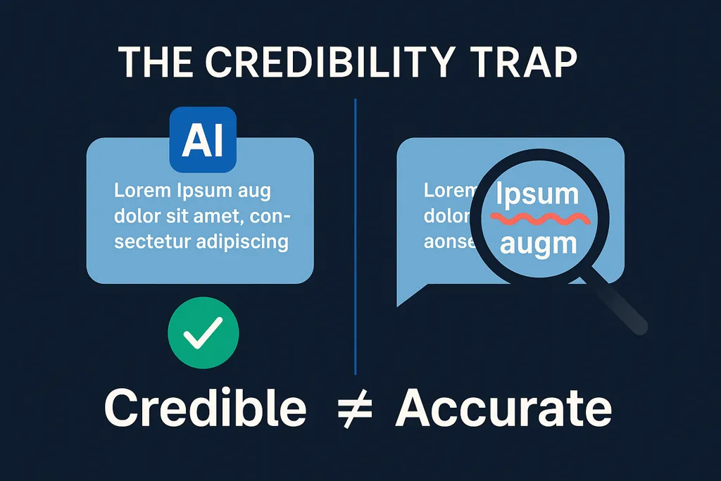 A graphic labeled "The Credibility Trap". On the left, an AI-labeled block of lorum ipsum text marked "credible." On the right, that same text zoomed in to show errors. Beneath a caption reads "Credible does not equal Accurate"