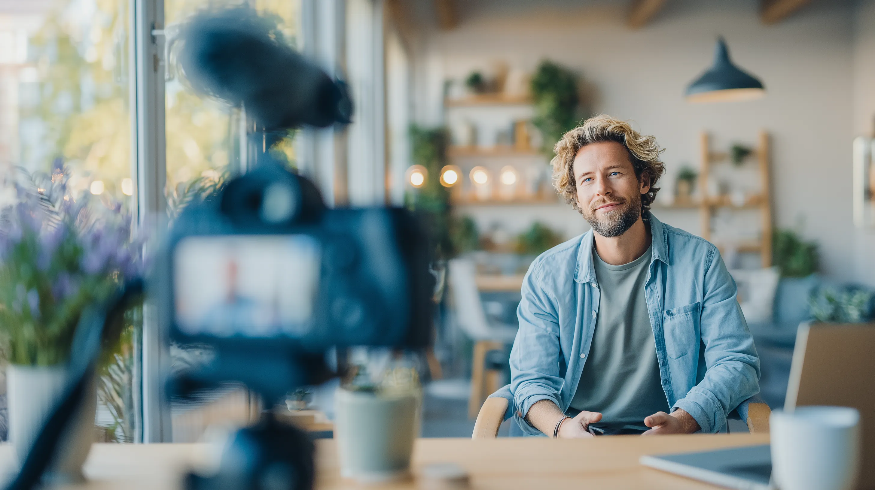 A middle-aged man with dark hair speaks to a DSLR video camera