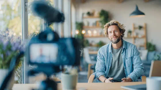 A middle-aged man with dark hair speaks to a DSLR video camera