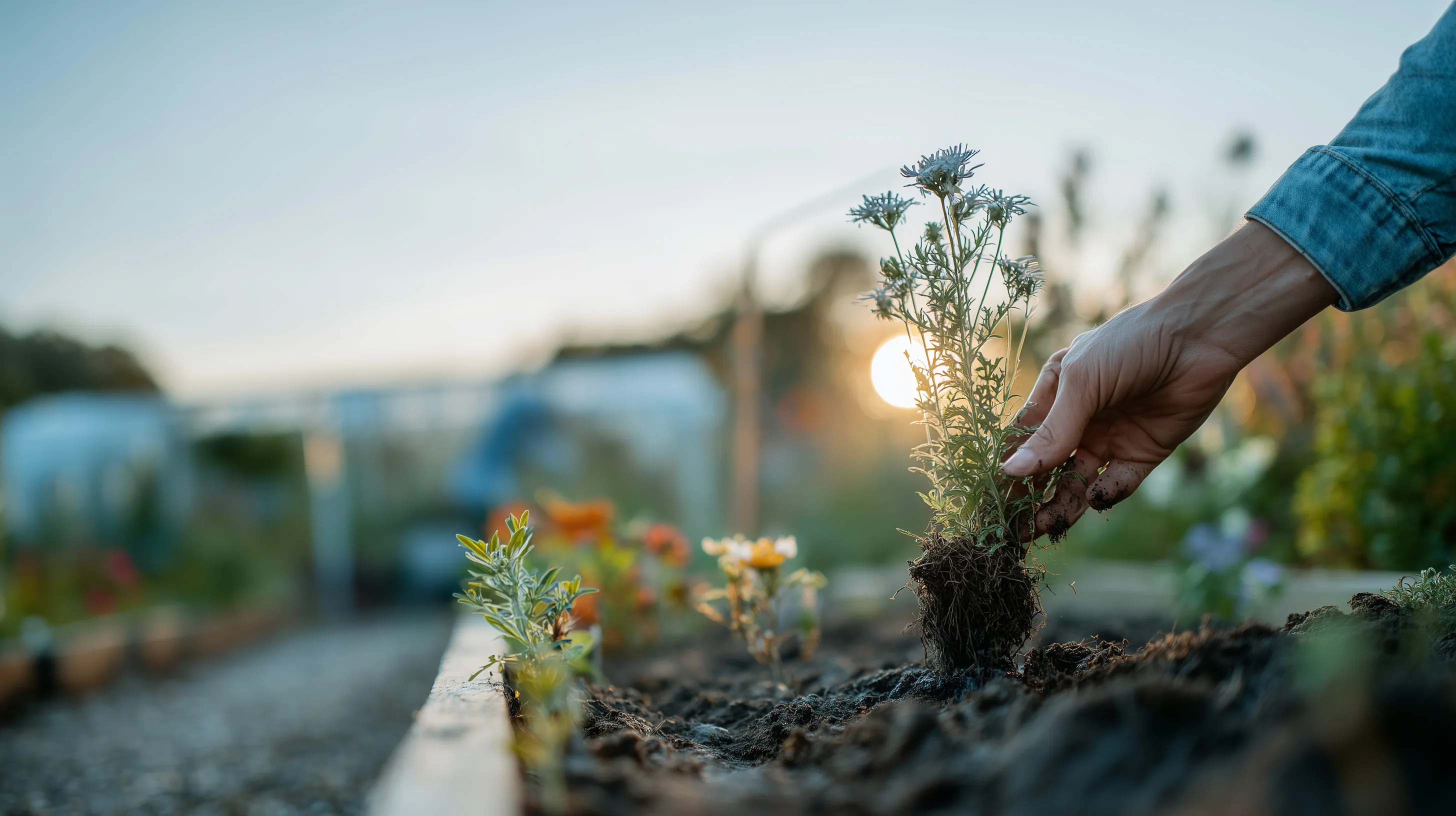 A flower is planted in a garden by hand in the early morning, with the sun rising
