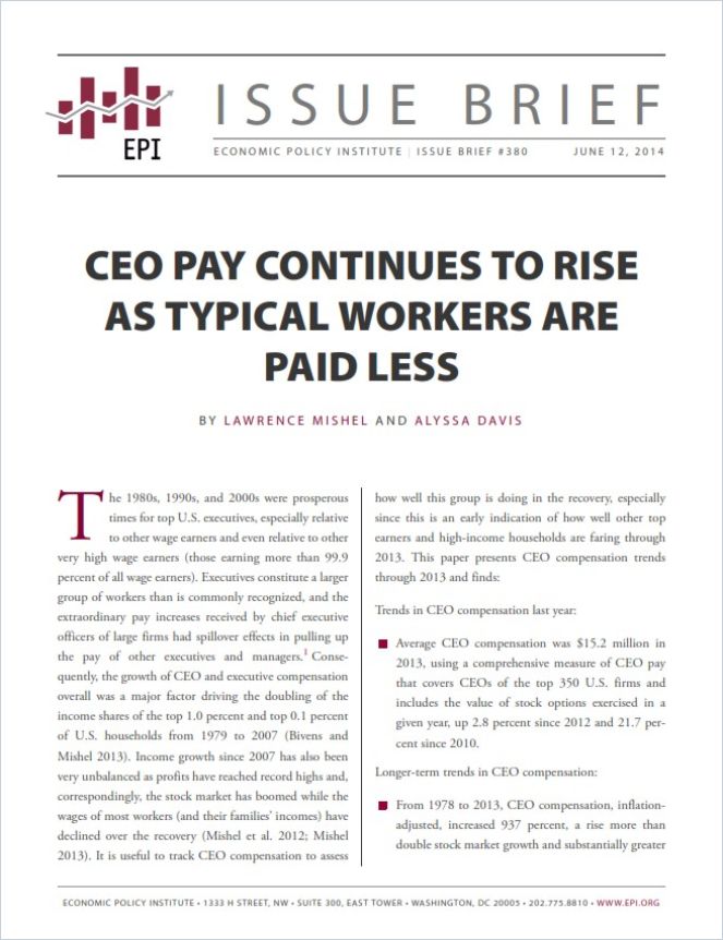CEO Pay Continues to Rise as Typical Workers Are Paid Less cover