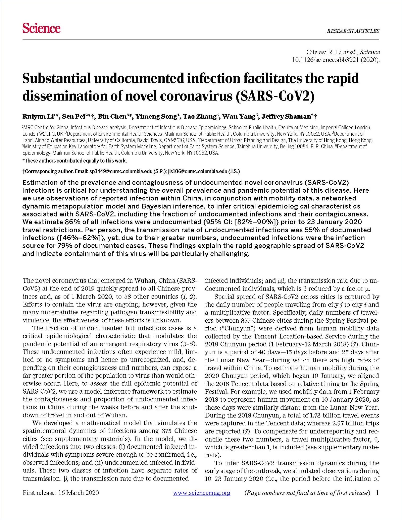 Image of: Substantial Undocumented Infection Facilitates the Rapid Dissemination of Novel Coronavirus (SARS-CoV-2)