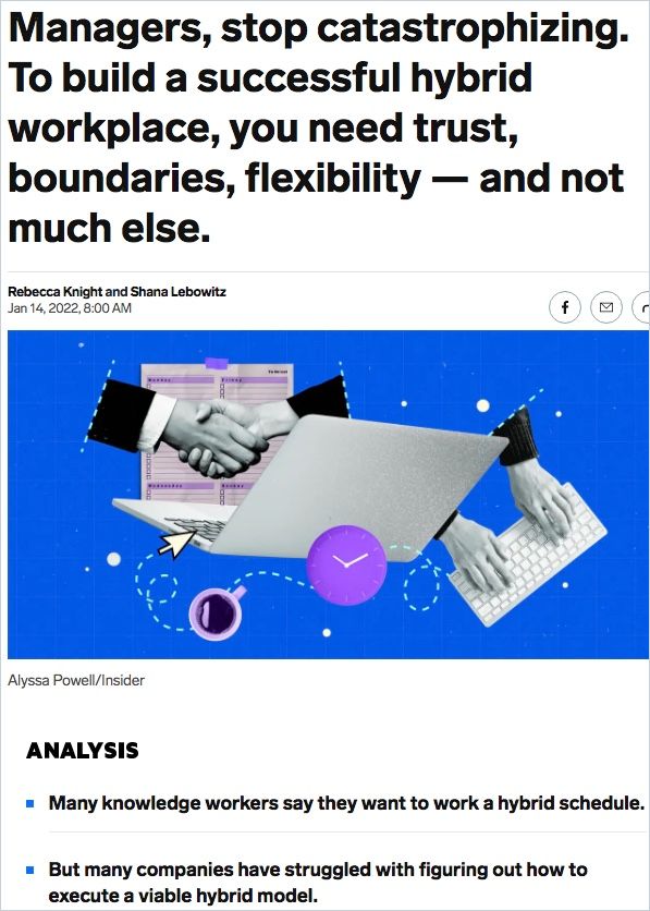 Image of: Managers, stop catastrophizing. To build a successful hybrid   workplace, you need trust, boundaries, flexibility – and not much else